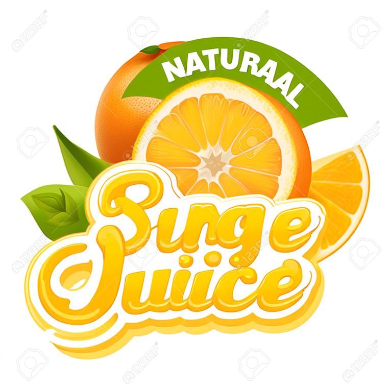 Natural orange juice label design template. Slice of ripe fresh fruit with text.