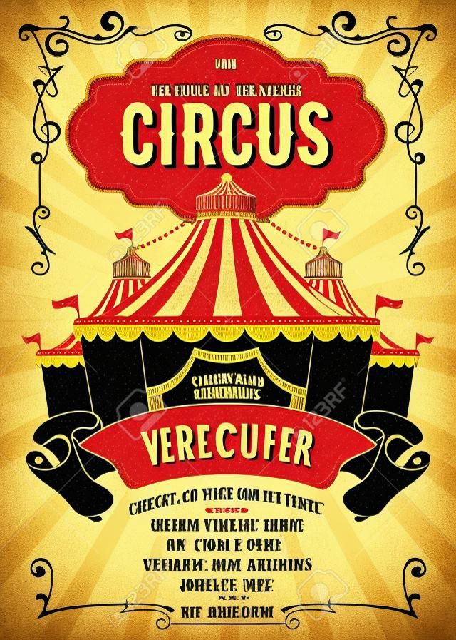 Vintage plakat reklamowy cyrku lub ulotka z dużym namiotem cyrkowym. Elegancki tytuł, retro tło i miejsce na tekst. Ilustracji wektorowych.