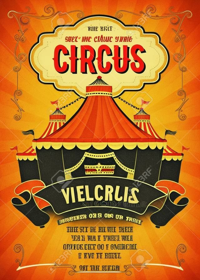 Винтажный цирк рекламный плакат или флаер с большим шатром цирка. Элегантный заголовок, ретро-фон и место для вашего текста. Векторная иллюстрация.