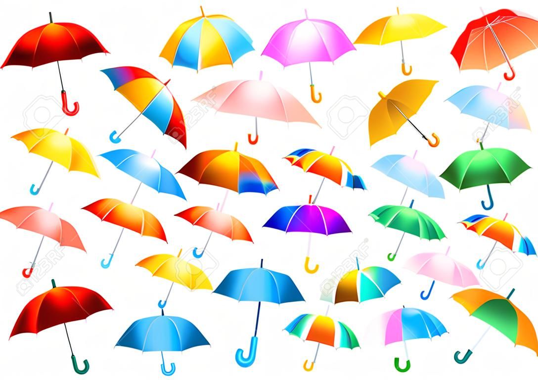 Conjunto de coloridos paraguas realistas. ilustración vectorial