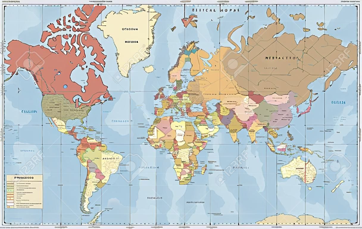 메르카토르 투영법의 상세한 정치 세계 지도. 명확하게 표시됩니다. 분리된 레이어입니다.