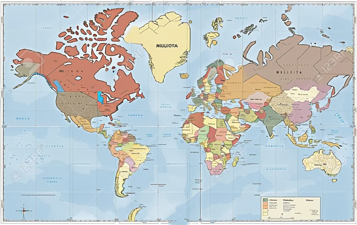 Mapa detallado del mundo político en proyección Mercator. Claramente etiquetado. Capas separadas.