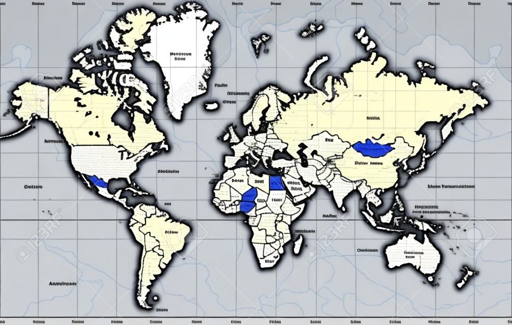 Mapa do mundo político na projeção de Mercator.