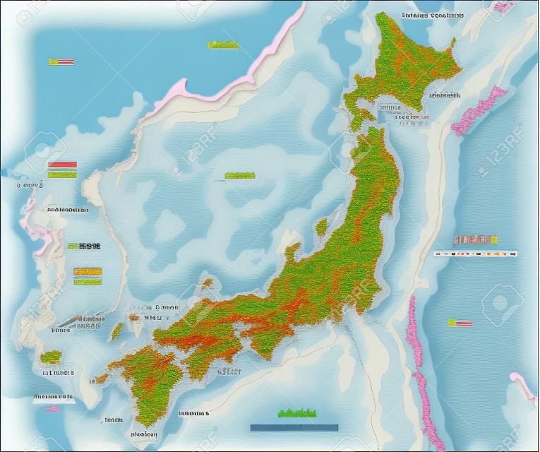 높은 상세한 일본 물리적 지도.