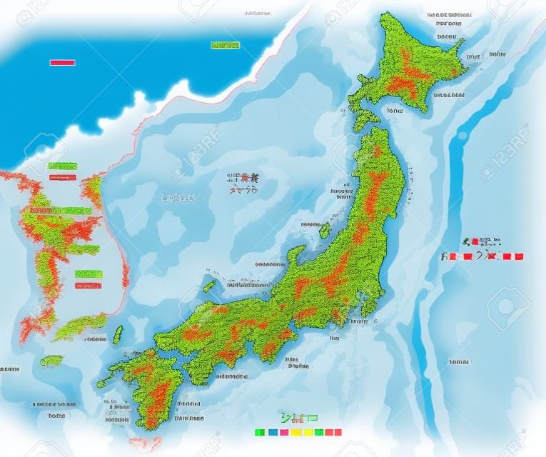 高い詳細な日本の物理地図。