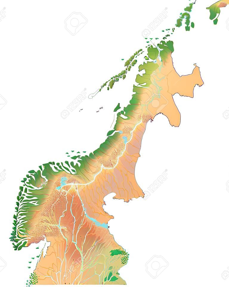 Mapa físico detalhado alto Noruega.