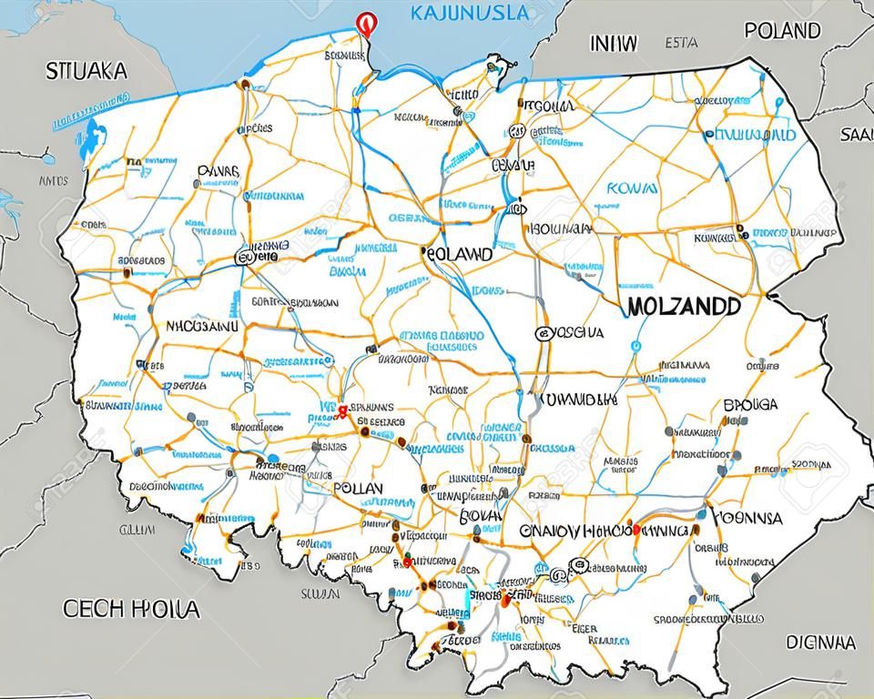 Alta hoja de ruta detallada de Polonia con etiquetado.