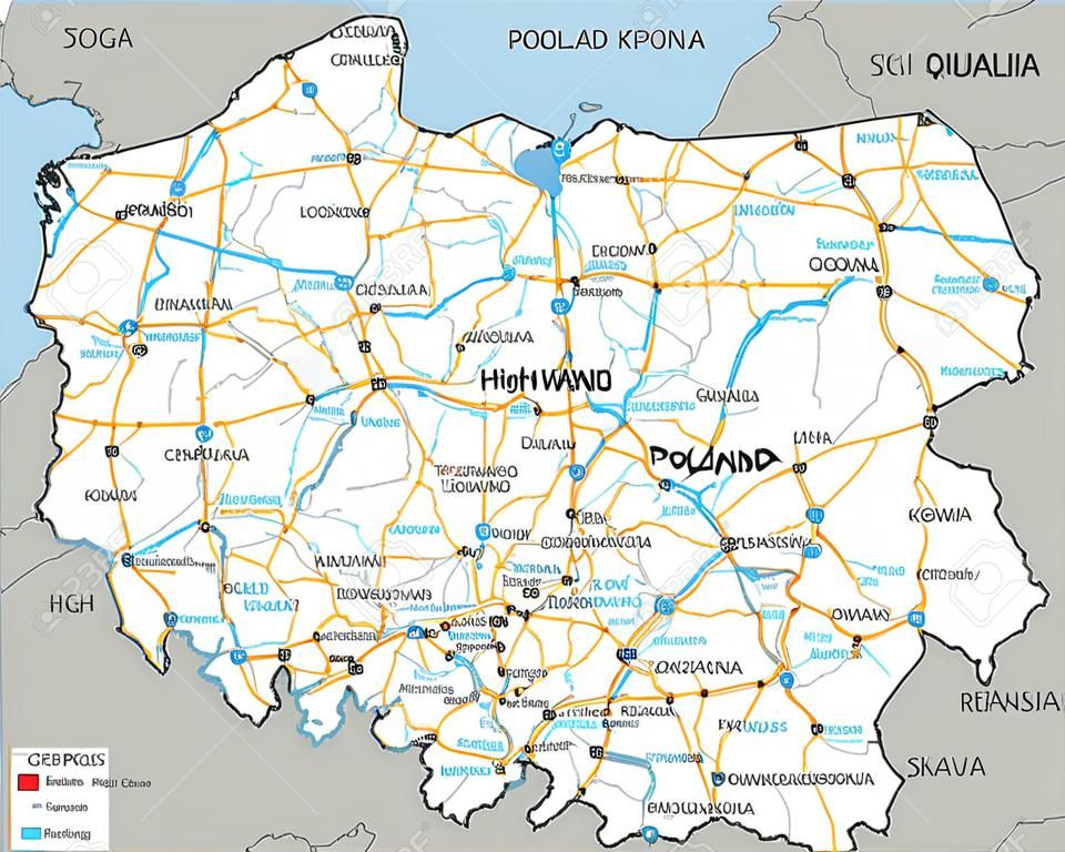 Alta hoja de ruta detallada de Polonia con etiquetado.