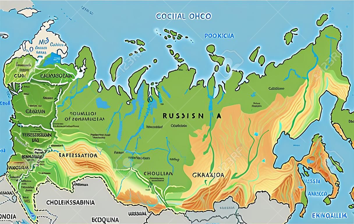 Mapa físico detalhado alto da Rússia com rotulagem.
