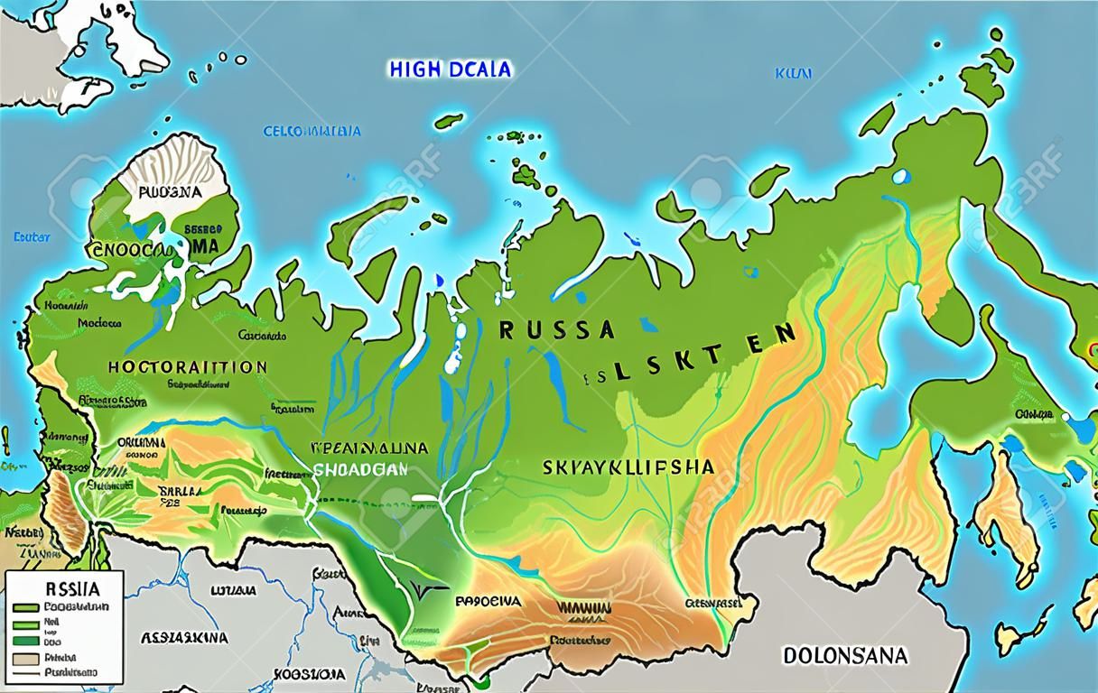 Mapa físico detalhado alto da Rússia com rotulagem.