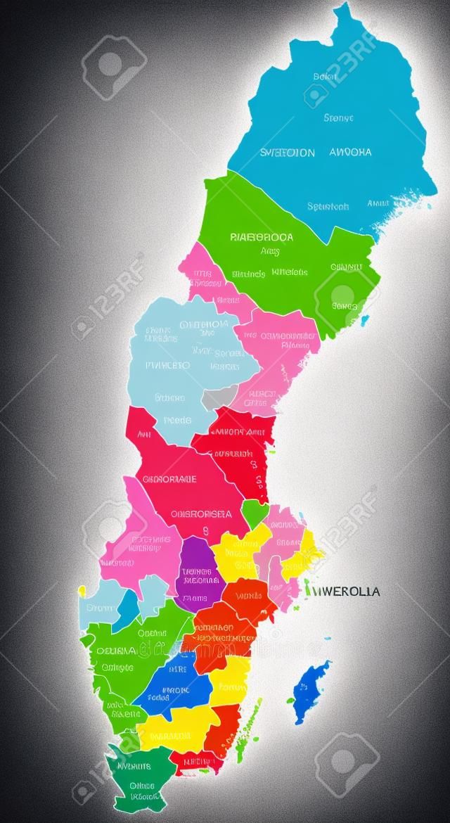 명확하게 레이블이 지정되고 분리된 레이어가 있는 다채로운 스웨덴 정치 지도. 벡터 일러스트 레이 션.