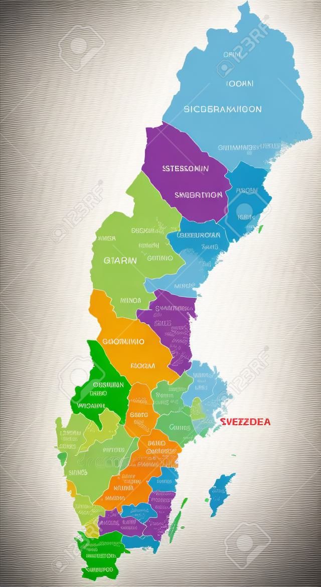 Kolorowa mapa polityczna Szwecji z wyraźnie oznaczonymi, oddzielnymi warstwami. Ilustracja wektorowa.