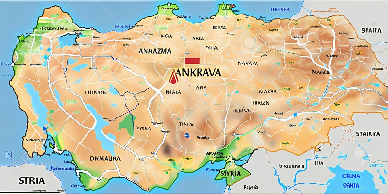 레이블이 있는 높은 상세한 터키 물리적 지도.
