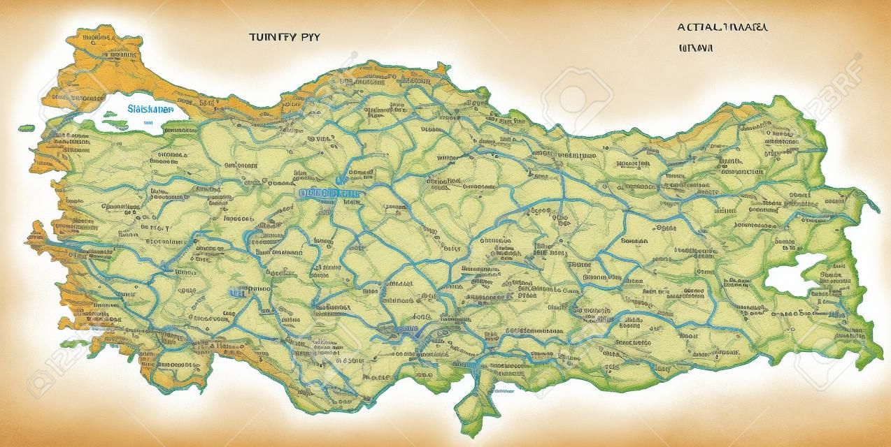Mapa físico detalhado alto da Turquia com rotulagem.