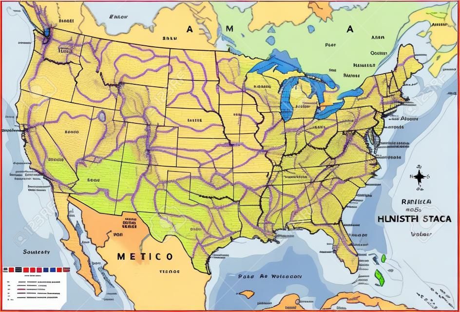 High detailed United States of America physical map with labeling.