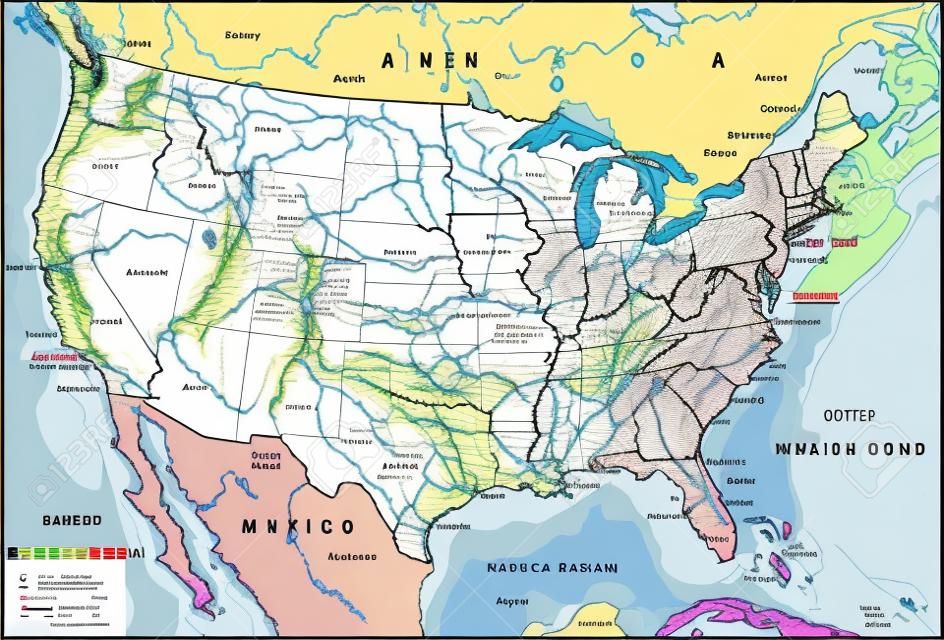 Alto mapa físico detallado de los Estados Unidos de América con etiquetado.