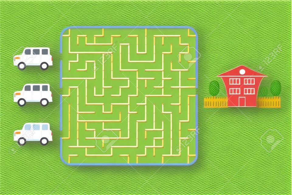 Maze game for children. Find the way for car to your home. Only one is correct. Vector illustration.