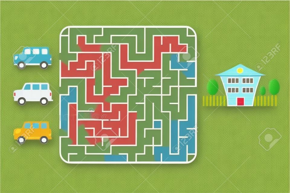 Maze game for children. Find the way for car to your home. Only one is correct. Vector illustration.
