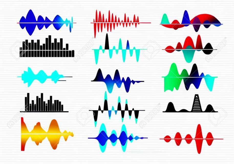 Conjunto de ondas de sonido. Frecuencia de radio, registro de audio, forma de onda, curva de voz. Concepto de sonido. Las ilustraciones vectoriales se pueden utilizar para temas como canciones, música, bandas sonoras.