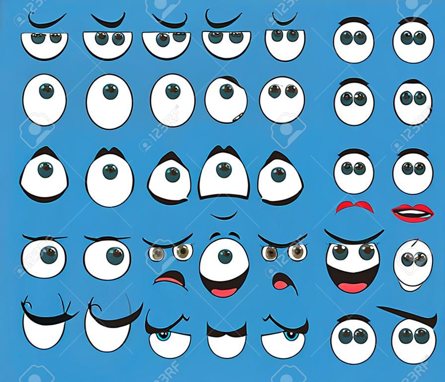 Emoticons with funny facial expressions vector illustrations set. Eyes and mouth of cute expressive cartoon character, comic angry, happy, sad face isolated on blue background. Emotions concept