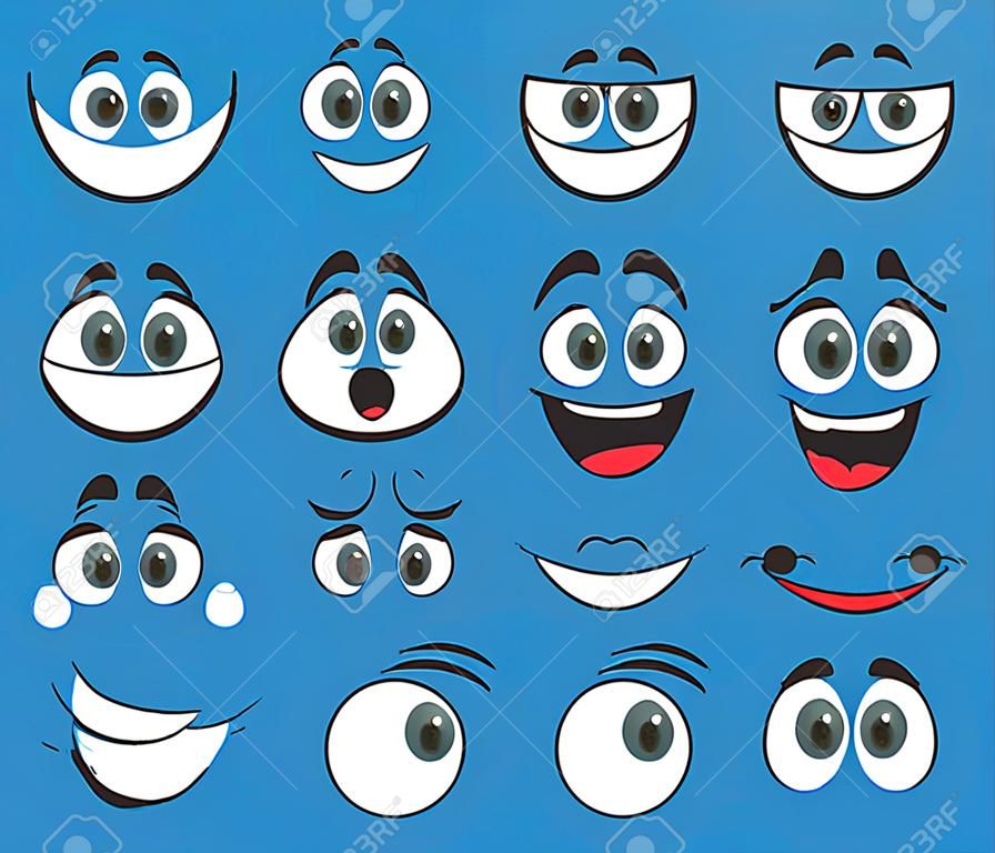 Emoticons with funny facial expressions vector illustrations set. Eyes and mouth of cute expressive cartoon character, comic angry, happy, sad face isolated on blue background. Emotions concept