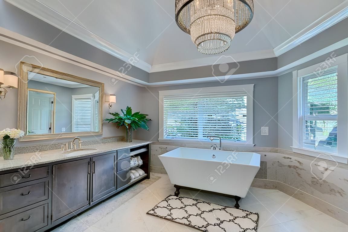 Glorious master suite with large freestanding tub and skylight window