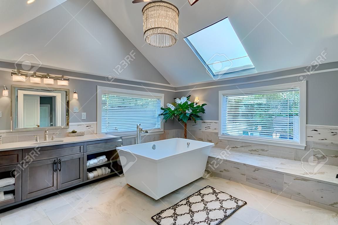 Glorious master suite with large freestanding tub and skylight window