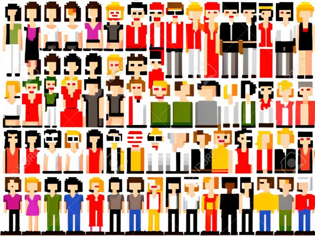 Set of pixel art people crowd illustration isolated on white