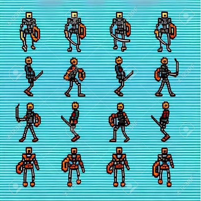 Squelette marche animation sprites cycle, quatre directions, style de pixel art jeu vidéo rétro
