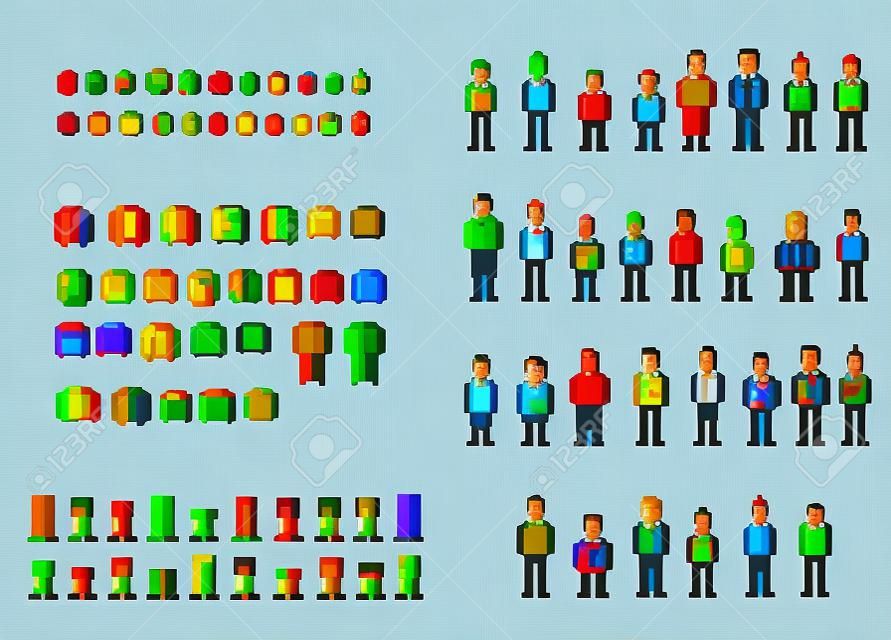 Пиксель арт создатель аватара человека, набор элементов стиля видеоигры, изолированные векторные иллюстрации