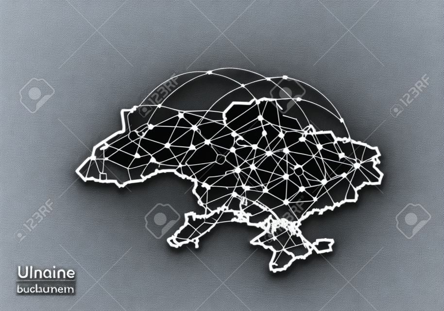 ukraine map with nodes linked by lines. concept of global communication and business. Dark ukraine map created from white dots with travel locations or internet connection.
