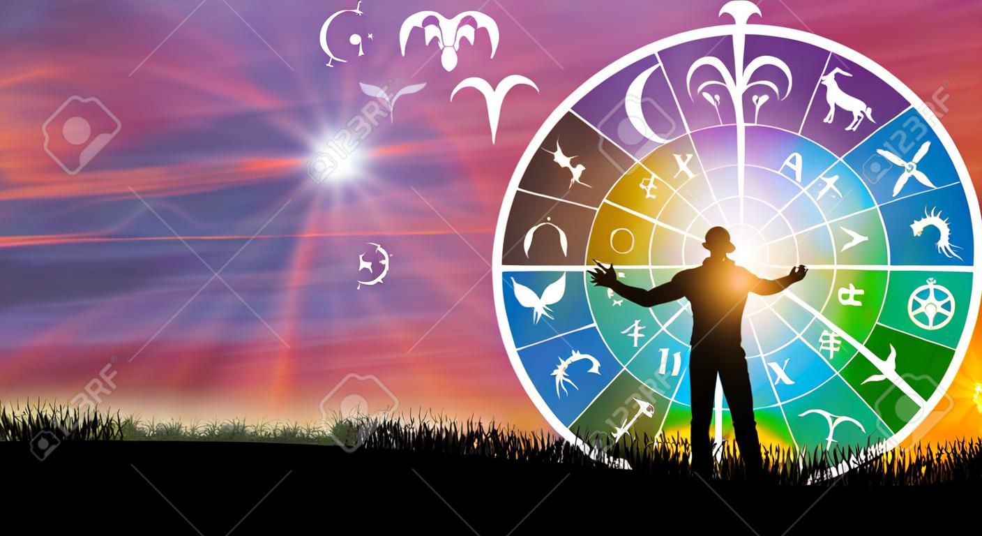 Signos zodiacales astrológicos dentro del círculo del horóscopo. ilustración de la silueta del hombre consultando al sol sobre la rueda del zodiaco y el fondo del amanecer. el poder del concepto del universo.