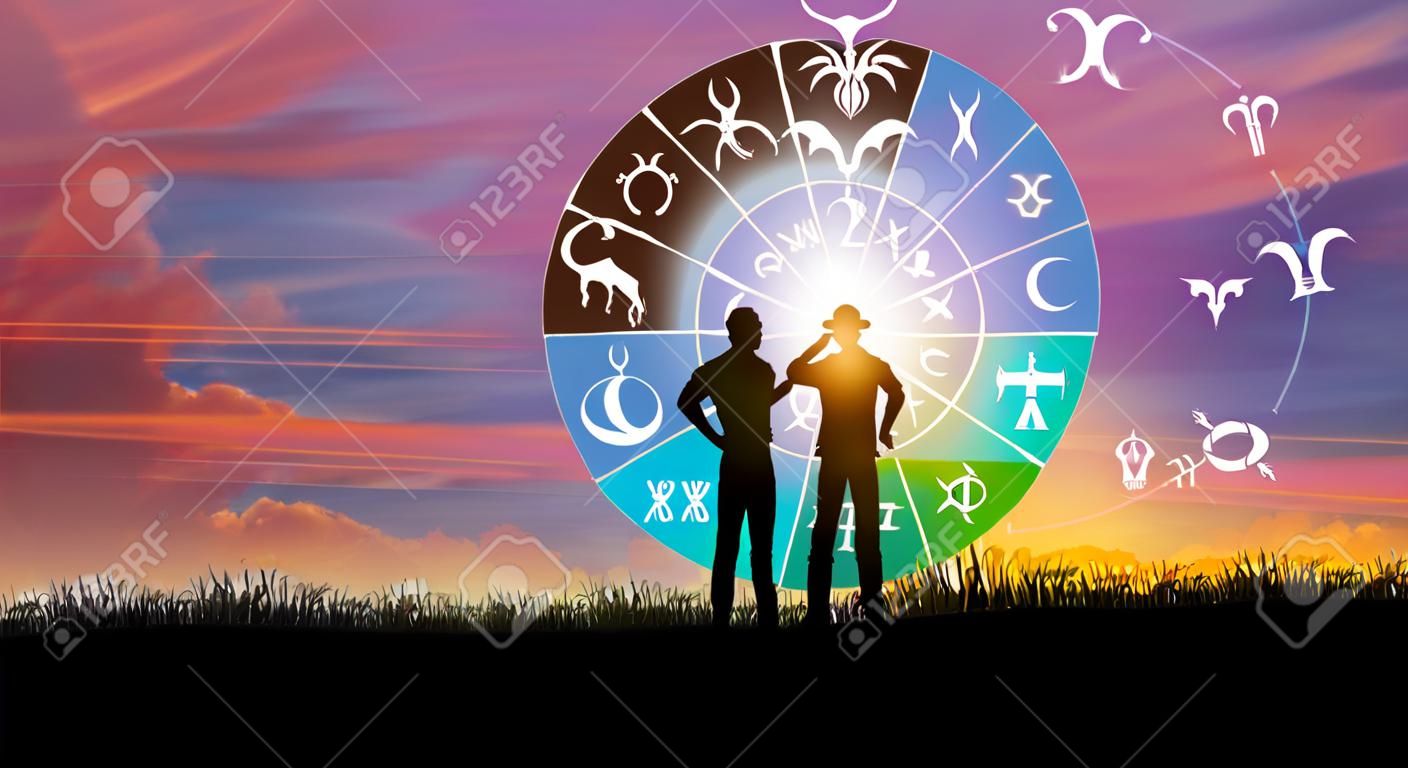 Signos zodiacales astrológicos dentro del círculo del horóscopo. ilustración de la silueta del hombre consultando al sol sobre la rueda del zodiaco y el fondo del amanecer. el poder del concepto del universo.