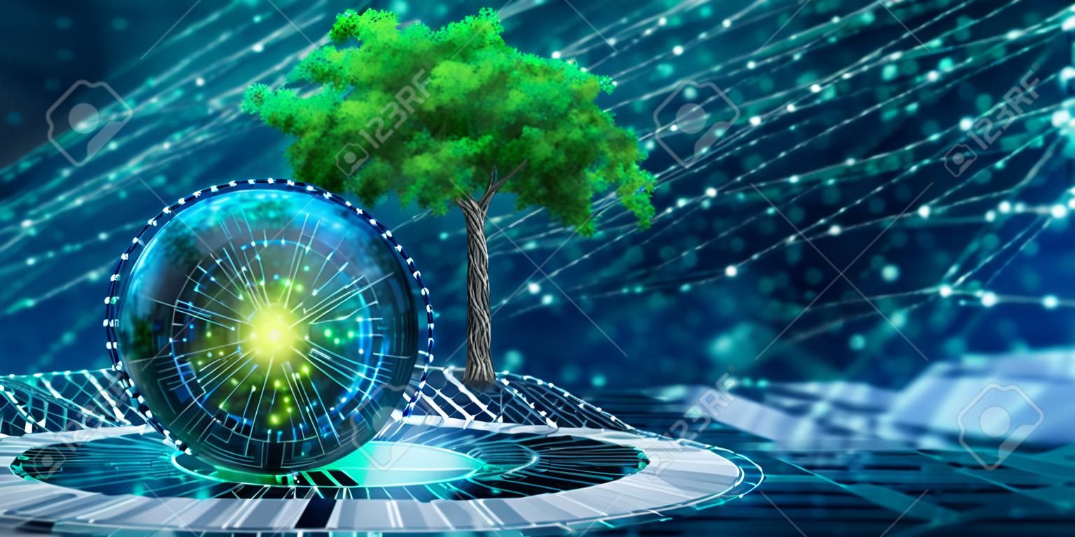 회로 디지털 공에서 자라는 나무. 디지털과 기술의 융합. 푸른 빛과 와이어 프레임 네트워크 배경. 녹색 컴퓨팅, 녹색 기술, 녹색 it, csr 및 윤리 개념.