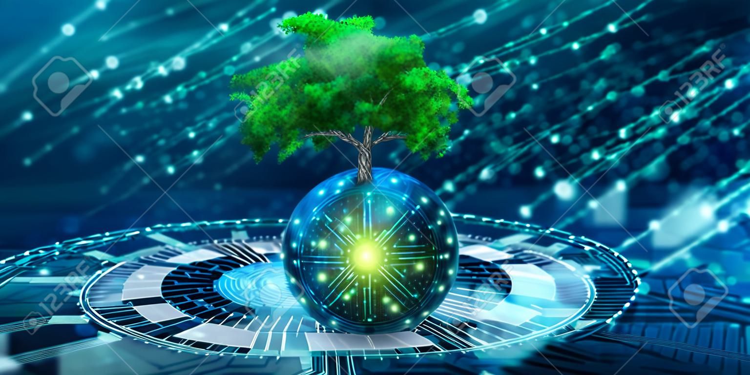 회로 디지털 공에서 자라는 나무. 디지털과 기술의 융합. 푸른 빛과 와이어 프레임 네트워크 배경. 녹색 컴퓨팅, 녹색 기술, 녹색 it, csr 및 윤리 개념.