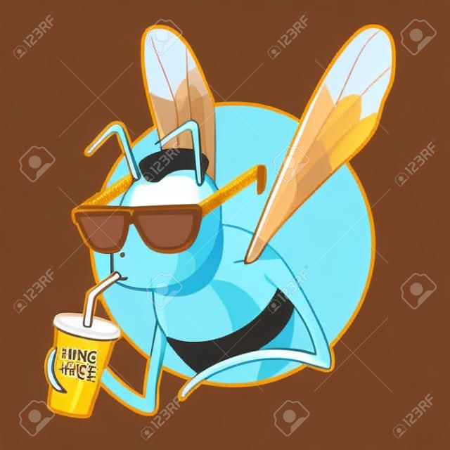 Personagem de mel bebendo um refrigerante e olhando ilustração vetorial legal. Comida, marketing, logotipo, mel, abelha, empresa, conceito de design de negócios
