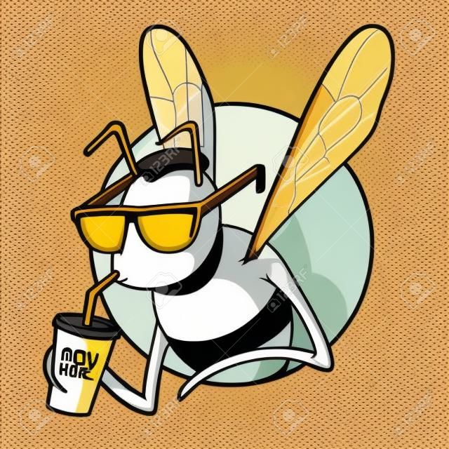 Personagem de mel bebendo um refrigerante e olhando ilustração vetorial legal. Comida, marketing, logotipo, mel, abelha, empresa, conceito de design de negócios