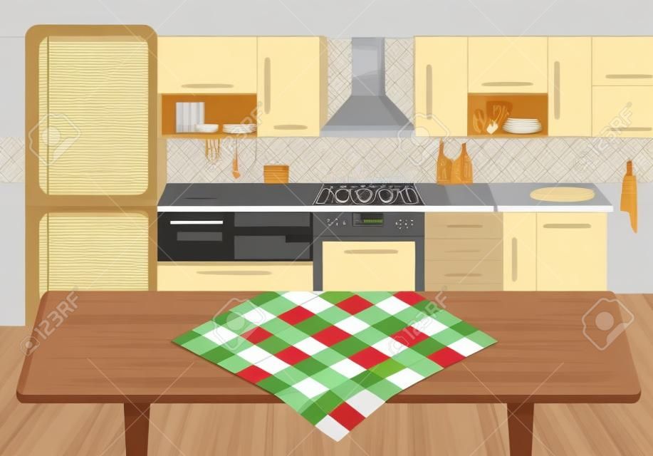 Mesa de cocina de madera de dibujos animados con mantel en la ilustración de vector de fondo de cocina