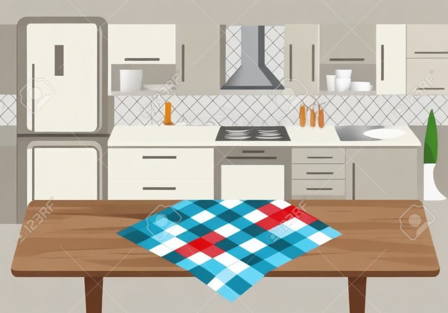 Cartoon houten keukentafel met tafelkleed bij keuken achtergrond vector illustratie
