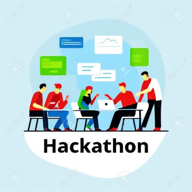 People working together hackathon vector flat illustration. Cartoon characters work as team development application and software isolated on white background. Programmers work with data