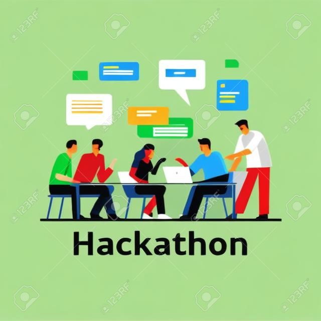 People working together hackathon vector flat illustration. Cartoon characters work as team development application and software isolated on white background. Programmers work with data