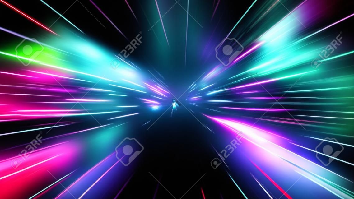 Szybki hiperskok neonowy. futurystyczny efekt neonu latający w przestrzeni.