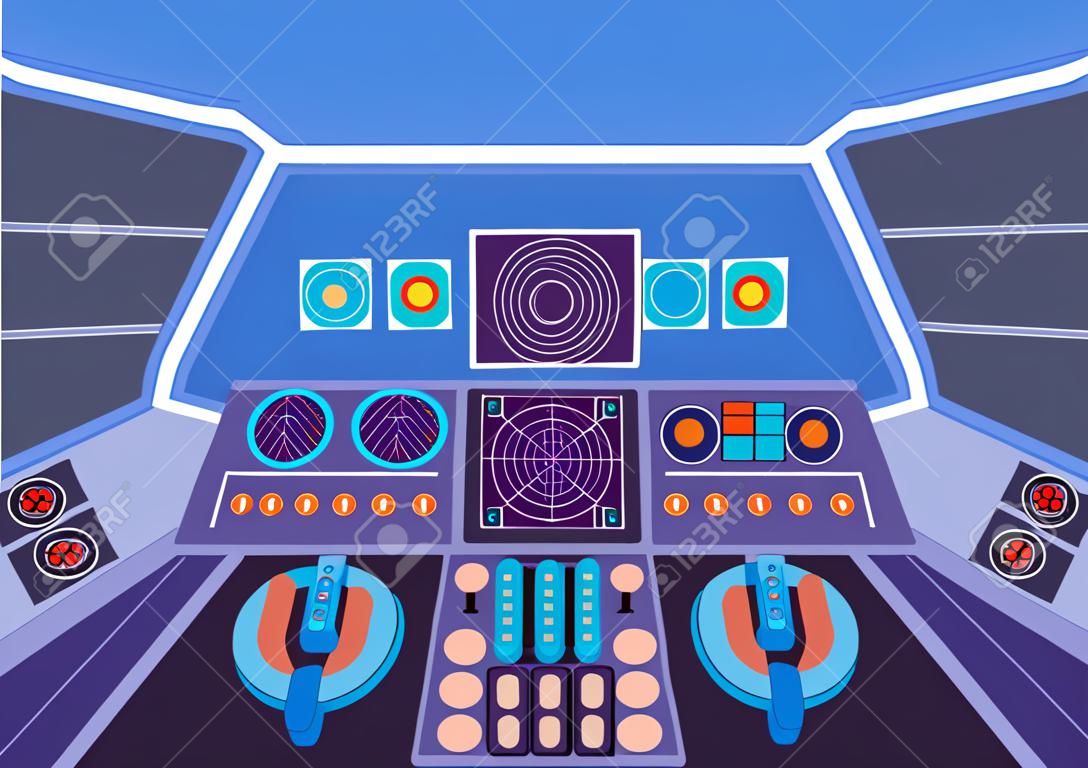 Spaceship cabin. Futuristic interior of control room with instruments and steering wheels for flight and route planning in outer space vector space