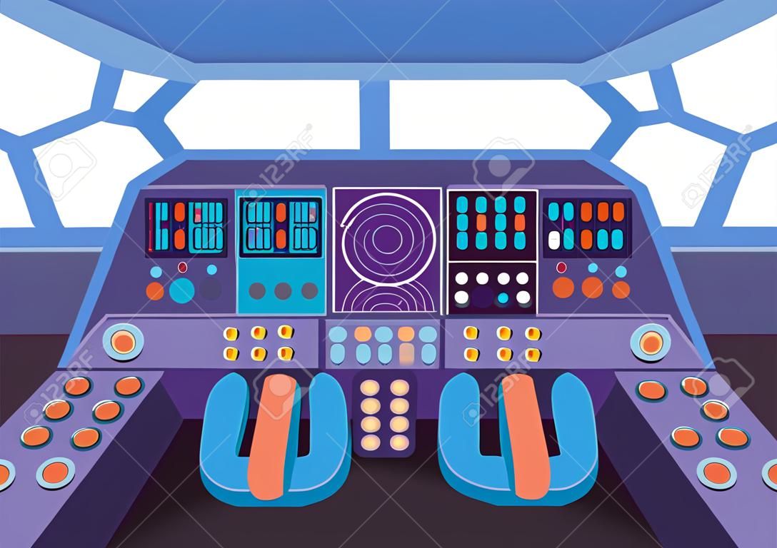 Intérieur futuriste de la cabine du vaisseau spatial de la salle de contrôle avec instruments et volants pour la planification des vols et des itinéraires dans l'espace vectoriel spatial