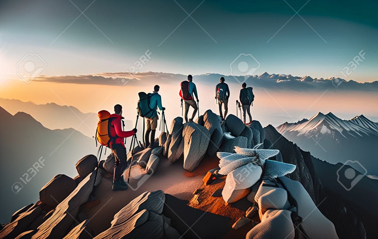 Group of hikers with backpacks on top of a mountain at sunset
