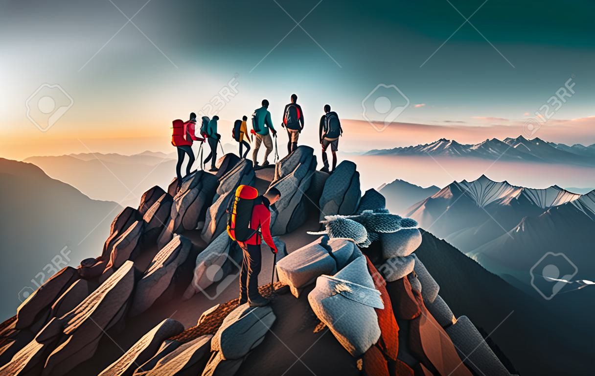 Group of hikers with backpacks on top of a mountain at sunset
