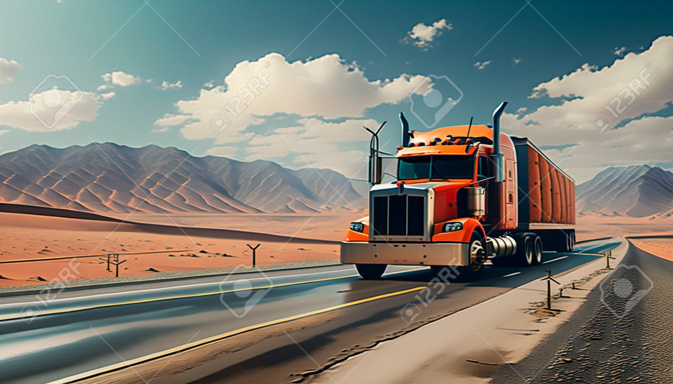 Camion sulla strada nel rendering 3d del deserto