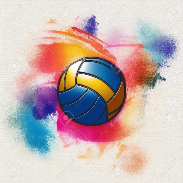 Vector pallavolo logo sullo sfondo di pennellate multicolori. pallone da pallavolo per banner, poster o volantino su un tema di pallavolo. - stock vector