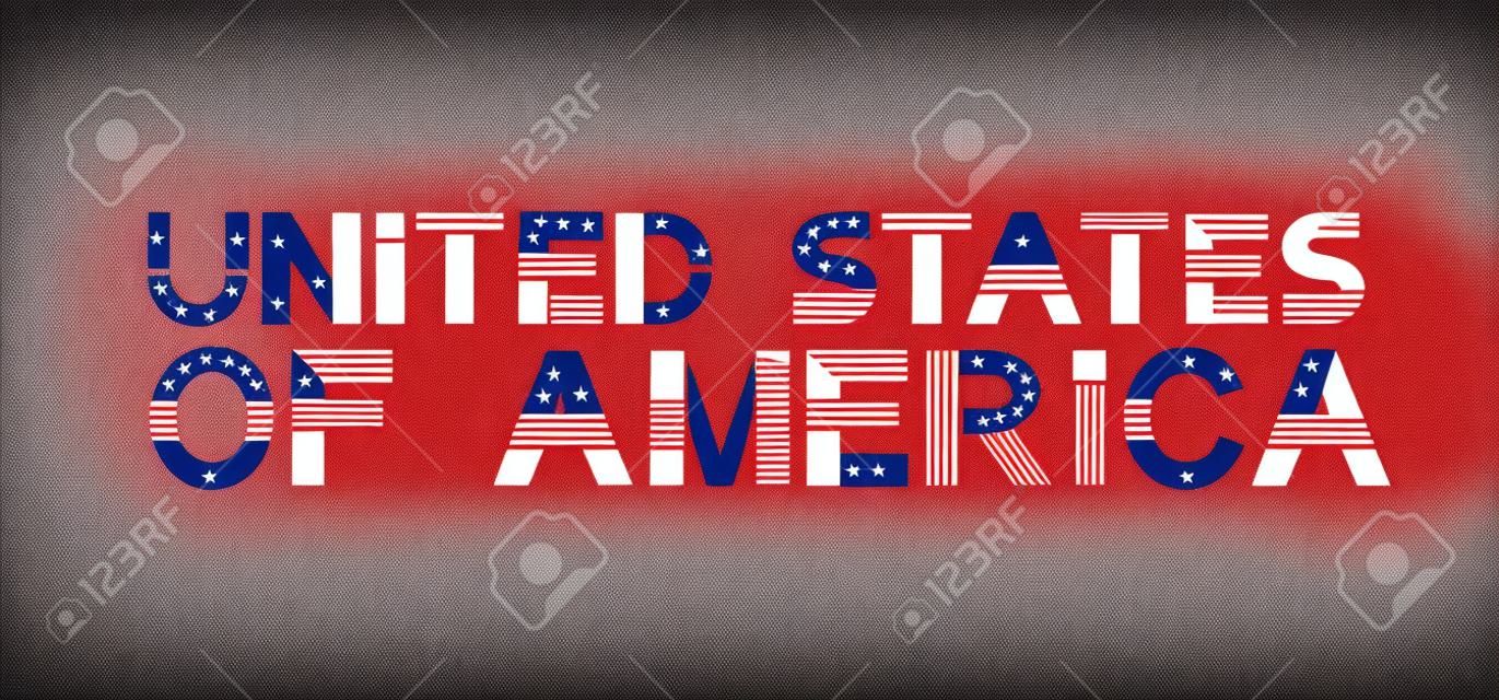 Vector text United States of America. USA banner in flag colors with stars and stripes.