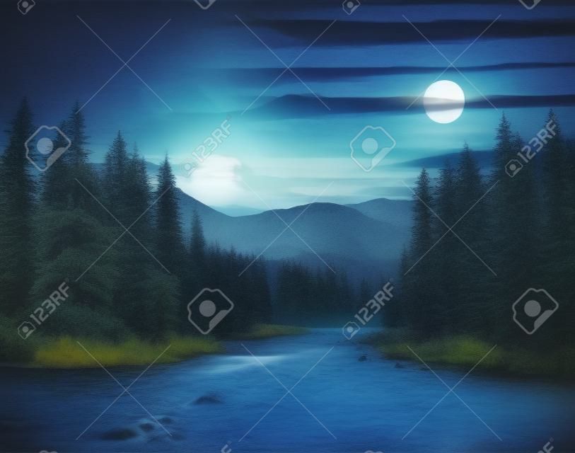 collage day and night landscape with pine trees in mountains and a river in front flowing to lake with full moon